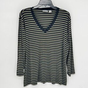Chicos Travelers Striped V Neck Long Sleeve Top Size 3 (XL) Black Green Ribbed